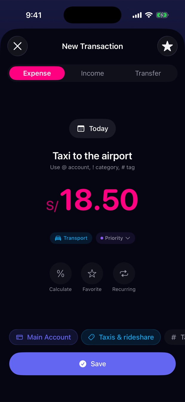 New entry screen with the amount, category and account filled in