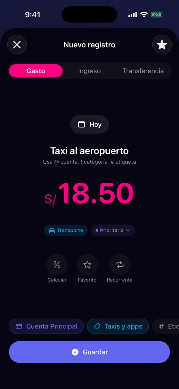 Pantalla de nuevo registro con el monto, la categoría y la cuenta puestas