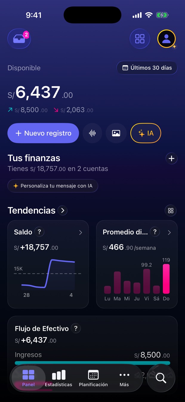 Panel principal de Yala con saldo, tendencias y salud financiera