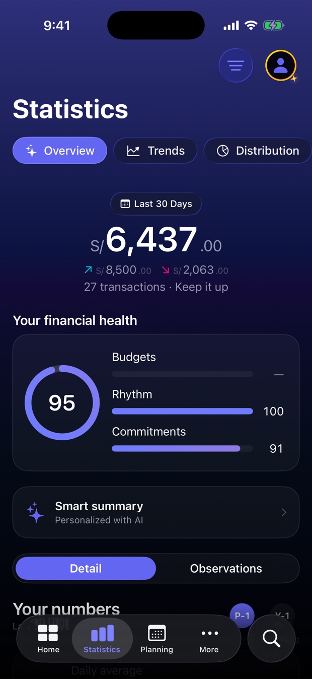 Statistics with financial health as one number and the month summary